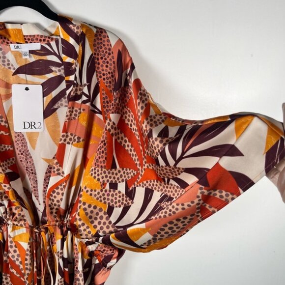 NWT DR2 Daniel Rainn Tropical Satin Ruana Wide 3/4 Sleeves Beaded Drawstring S/M - Picture 12 of 16